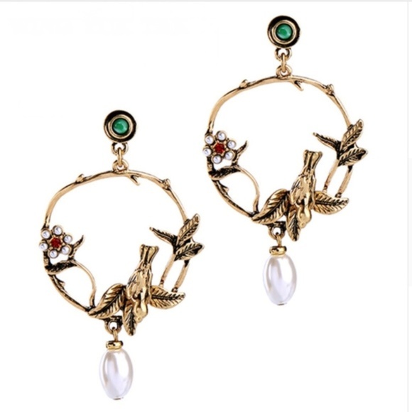 Jewelry - Gold Autumn Bird Flower Pearl Round Drop Earrings